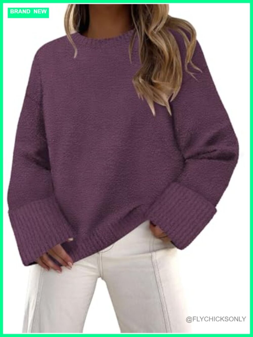 Womens Fuzzy Knit Crewneck Pullover Sweater Loose Fit Long Sleeve